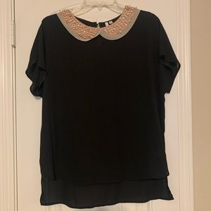 Bellatrix Black Cap Sleeve Blouse w/Pearls & Rhinestoned Peter Pan Collar -Large
